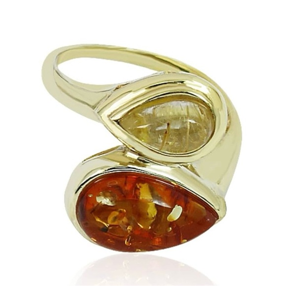 New! Genuine Baltic Amber & Rutilated Quartz 14K Gold Plated 925 Silver Ring - Picture 2 of 5